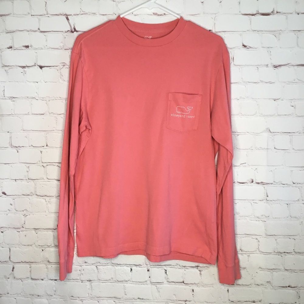 Vineyard Vines Mens Small Coral Pink Long‎ Sleeve Whale Logo Pocket T-Shirt